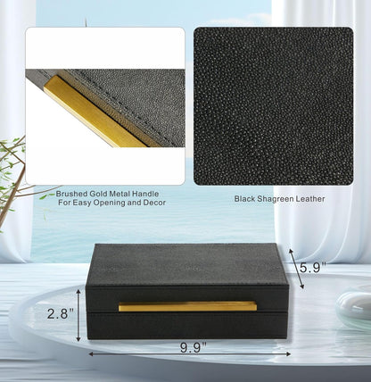 Sagala Set of 2 Ivory Shagreen Decorative Boxes With Brushed Gold Metal Handles, Faux Leather Jewelry Boxes Modern Storages Photo Memory Boxes Home Organizer Boxes (Ivory-Gold, 2pack)
