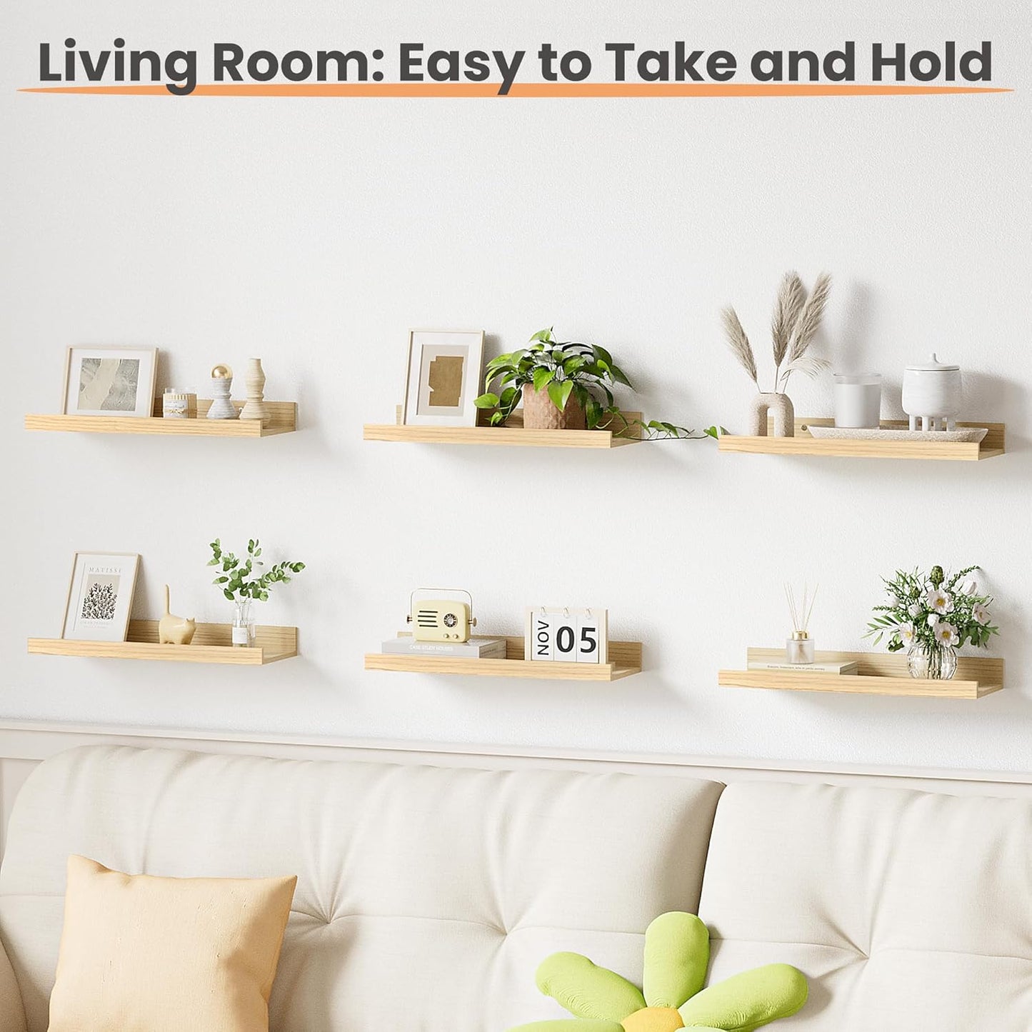 upsimples 6 Pack Wooden Floating Shelves, Wall Storage Decor Shelf for Bathroom, Bedroom, Living Room, Kitchen, Office and Laundry Room, Wall Mounted Display Hanging Shelf, Brown