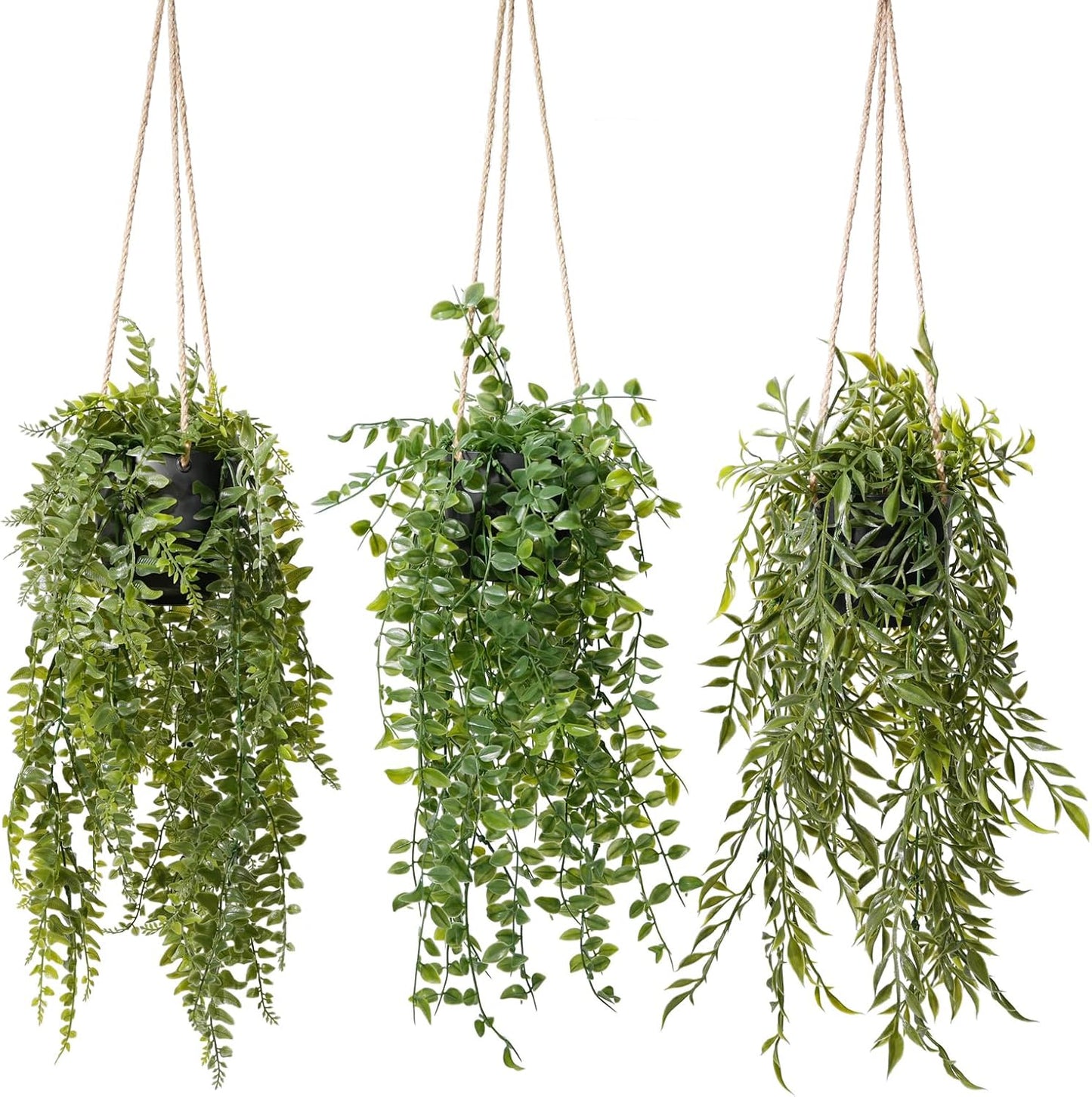3 Packs Fake Hanging Plants with Black Pots, 20" Artificial Hanging Plants for Wall Decor, Fake Fern Plants Mandala Vine for Home Bathroom Bedroom Kitchen Office Room Decor