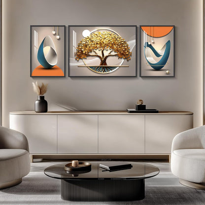 Framed Modern Luxury Gold Wall Art, Set of 3 Piece Contemporary Paintings Artwork for Walls, Golden Prints Pictures with Gold Frame, Wall Decor for Living Room, Hallway, Bedroom, Office 16x24 Inch