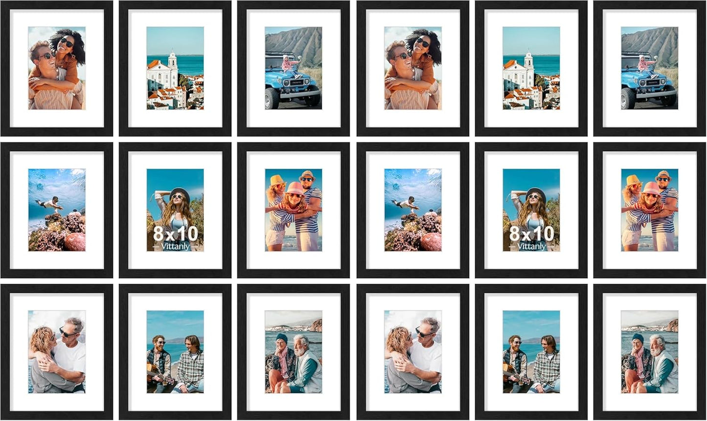 Vittanly 8x10 Picture Frames Set of 9, Shatter Resistant Plexiglass, Display 5x7 Pictures with Mat or 8x10 without Mat, Photo Frames for Wall or Tabletop, Engineered Wood, Black - Colors A