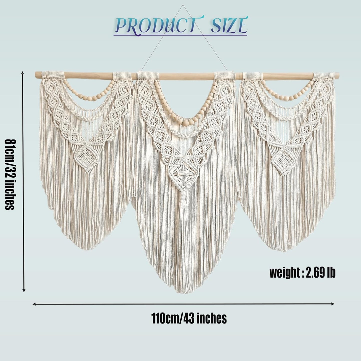 oiikain Large Handmade Boho Macrame Wall Hanging Tapestry - Chic Bohemian Woven Home Decor art for Living Room, Bedroom, and Wedding Parties (Beige, twelve rhombus)