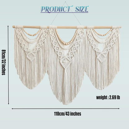 oiikain Large Handmade Boho Macrame Wall Hanging Tapestry - Chic Bohemian Woven Home Decor art for Living Room, Bedroom, and Wedding Parties (Beige, twelve rhombus)
