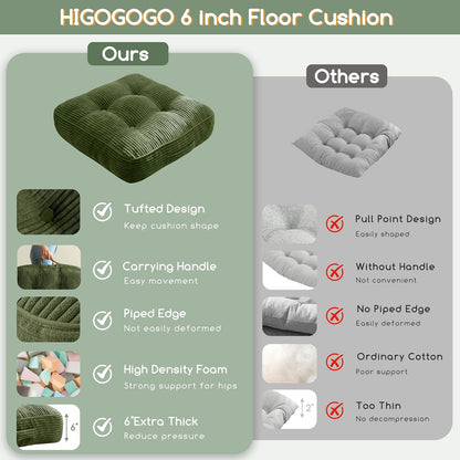 HIGOGOGO 6" Extra Thick Floor Pillow Cushion for Adults, Meditation Cushion Pillow, Large Square Floor Sitting, Tufted Corduroy Cover, for Tatami Living Room or Yoga, 22x22 Inch, 2Pack, Dark Grey