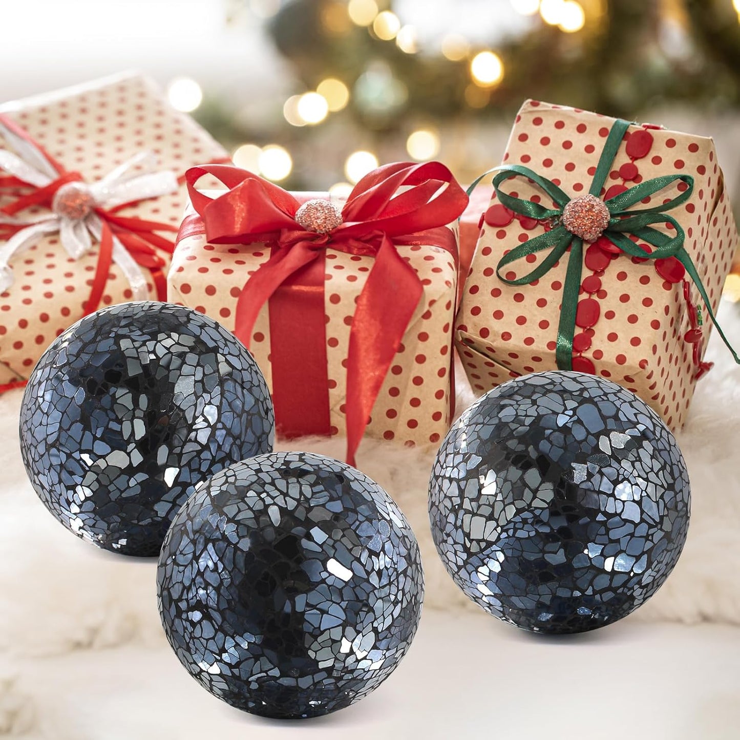 3Pcs Mosaic Glass Orbs Decorative Balls Set 8.5cm/3.35inch Blue Sphere Wedding Party Home Decor Table Centerpiece