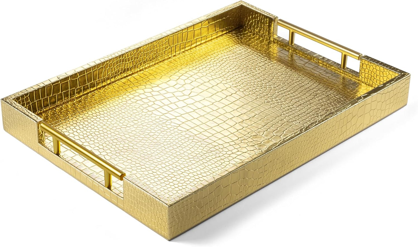 ATZYmolin 17" x 12" Wood Serving Tray with Gold Polished Metal Handles, Home Decorative Wooden Rectangle Ottoman Leather Decor Platter Bathroom Vanity Tray for All Occasions White