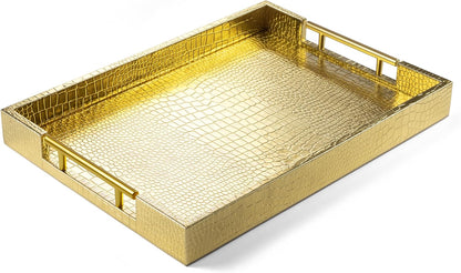 ATZYmolin 17" x 12" Wood Serving Tray with Gold Polished Metal Handles, Home Decorative Wooden Rectangle Ottoman Leather Decor Platter Bathroom Vanity Tray for All Occasions White