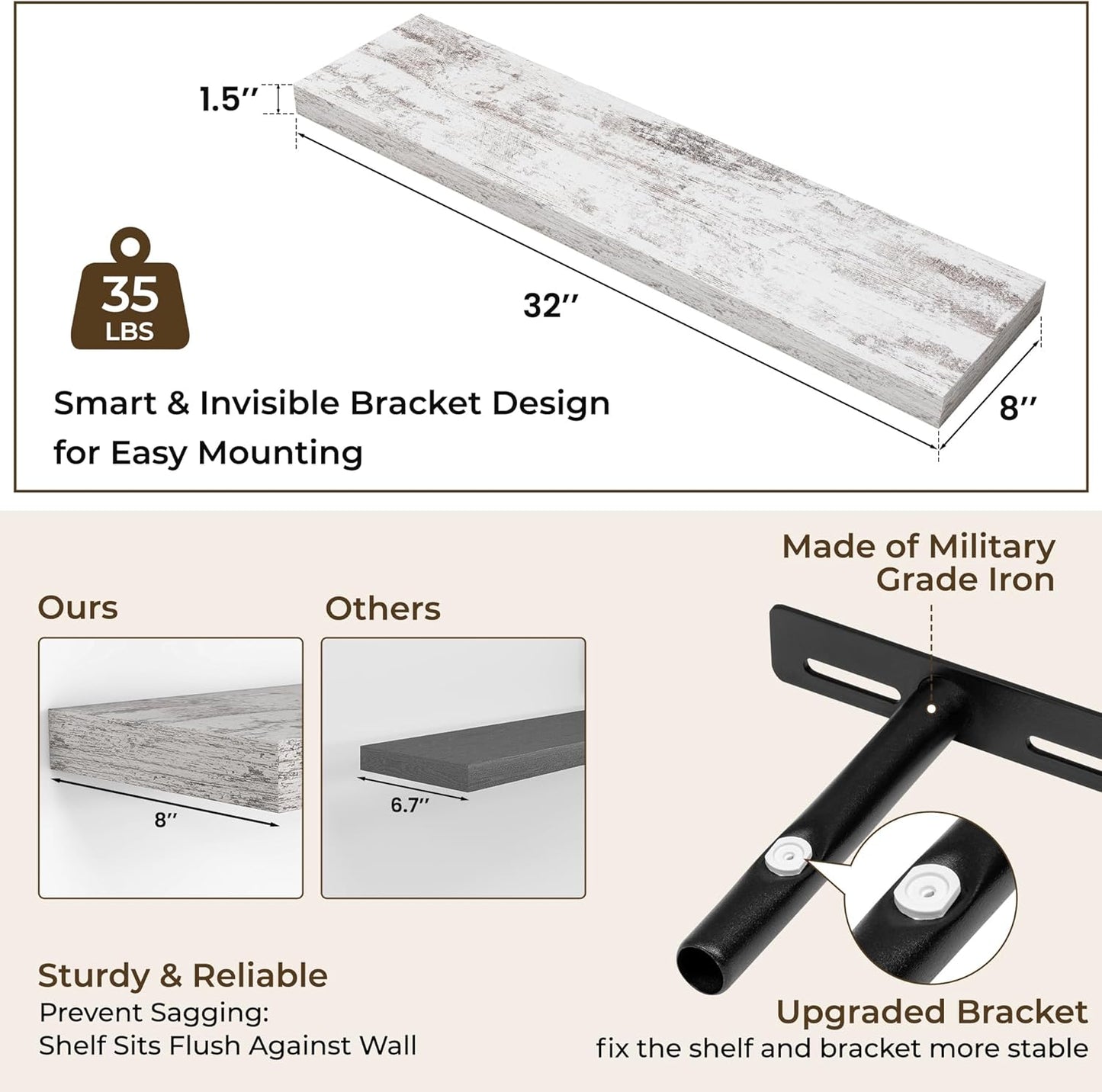 RICHFOCUS 72Inch Floating Shelves for Wall 2 Pack Shelves for Bedroom|Kitchen|Bathroom Wall Mounted Rustic Wood Floating Shelf with Invisible Brackets for Books|Storage|Decor, Rustic Brown