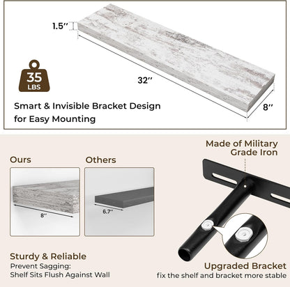 RICHFOCUS 72Inch Floating Shelves for Wall 2 Pack Shelves for Bedroom|Kitchen|Bathroom Wall Mounted Rustic Wood Floating Shelf with Invisible Brackets for Books|Storage|Decor, Rustic Brown