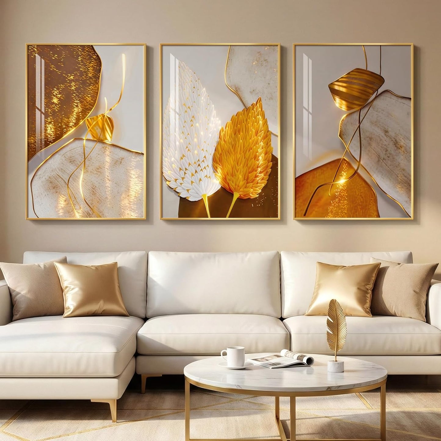 Framed Modern Luxury Gold Wall Art, Set of 3 Piece Contemporary Paintings Artwork for Walls, Golden Prints Pictures with Gold Frame, Wall Decor for Living Room, Hallway, Bedroom, Office 16x24 Inch
