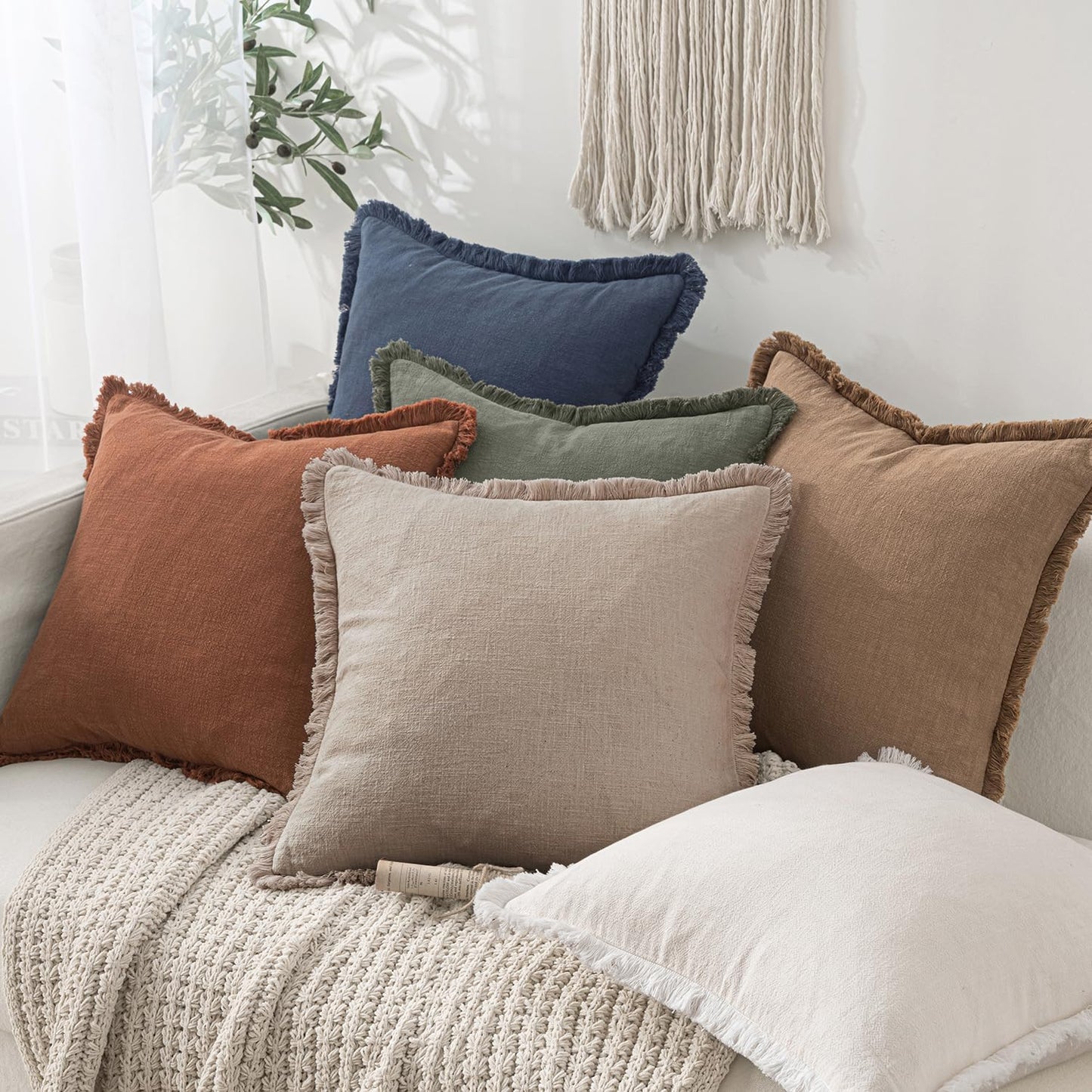 MIULEE Decorative Throw Pillow Covers Neutral Linen Fringe Throw Pillows Set of 2 Natural Beige Boho Farmhouse Cushion Covers with Tassels for Couch Sofa Bed Spring Home Decor 20x20 Inch
