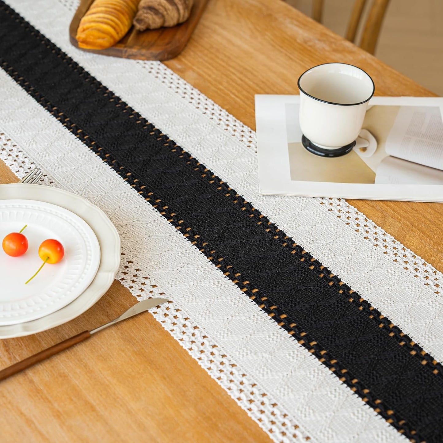FEXIA Boho Table Runner for Thanksgiving Fall Christmas Home Decor with Tassels 72 Inches Long Pottery barn Furniture Farmhouse Rustic Macrame Burlap Table Decoration for Living Room (12x72 Inches)