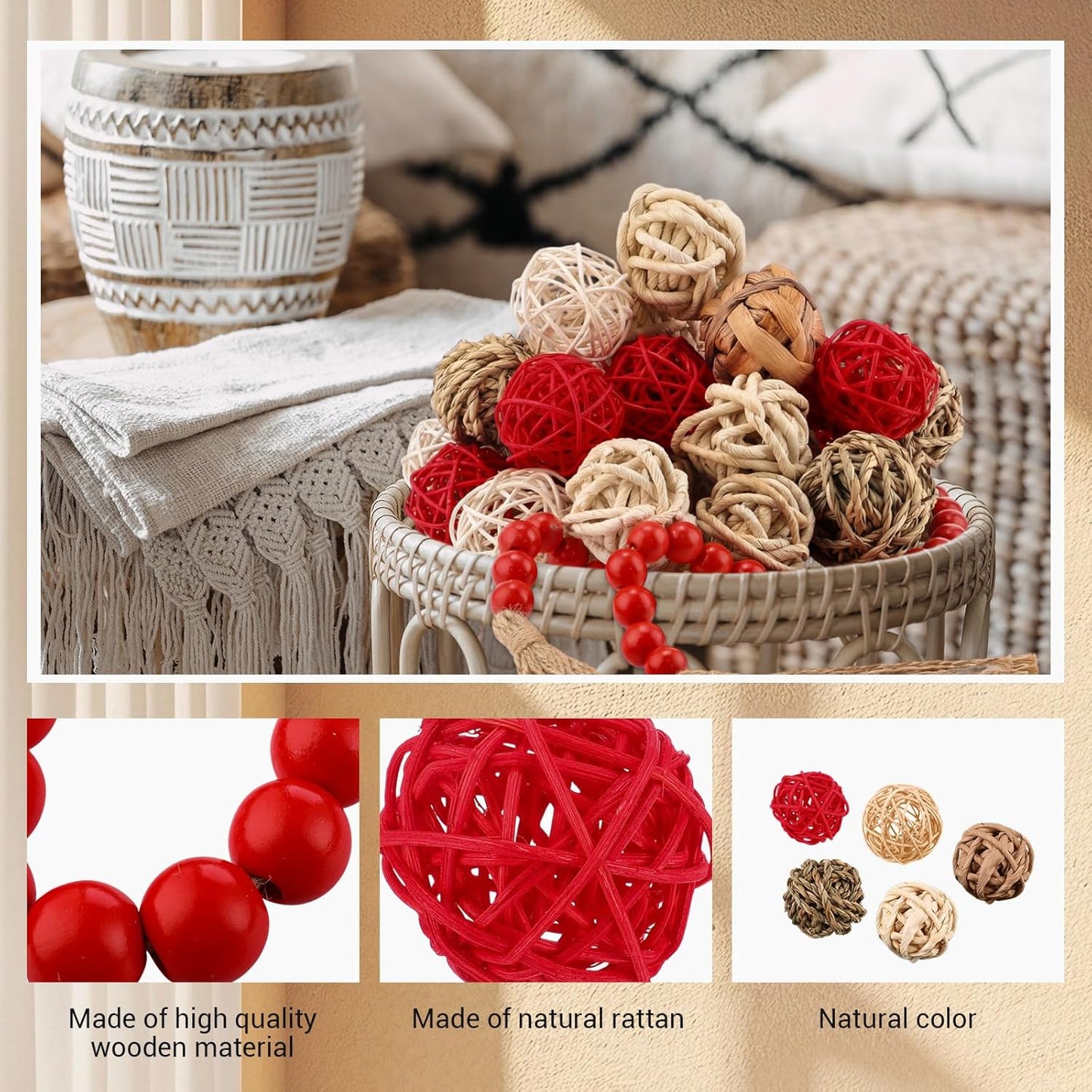 Halloscume 31 Pcs Wicker Rattan Decorative Balls with 30.3 Inch Wood Bead Garland Centerpiece Bowls Orbs Vase Fillers Wall Hanging Decor for Summer Home Farmhouse Wedding Party(Black)