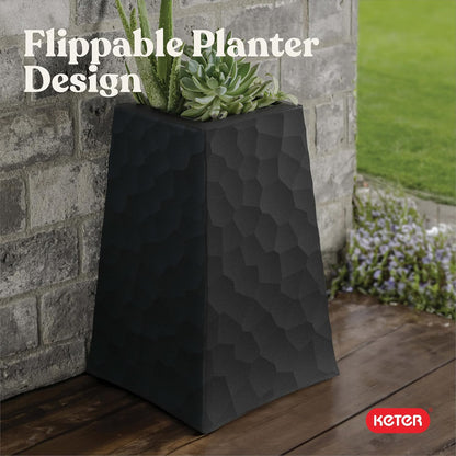 Keter Set of 2 Resin Modern Outdoor 22 Inch Tall Large Flower Pots, Tapered Wood Look Planters for Outdoor Plants and Front Porch Decor, Graphite