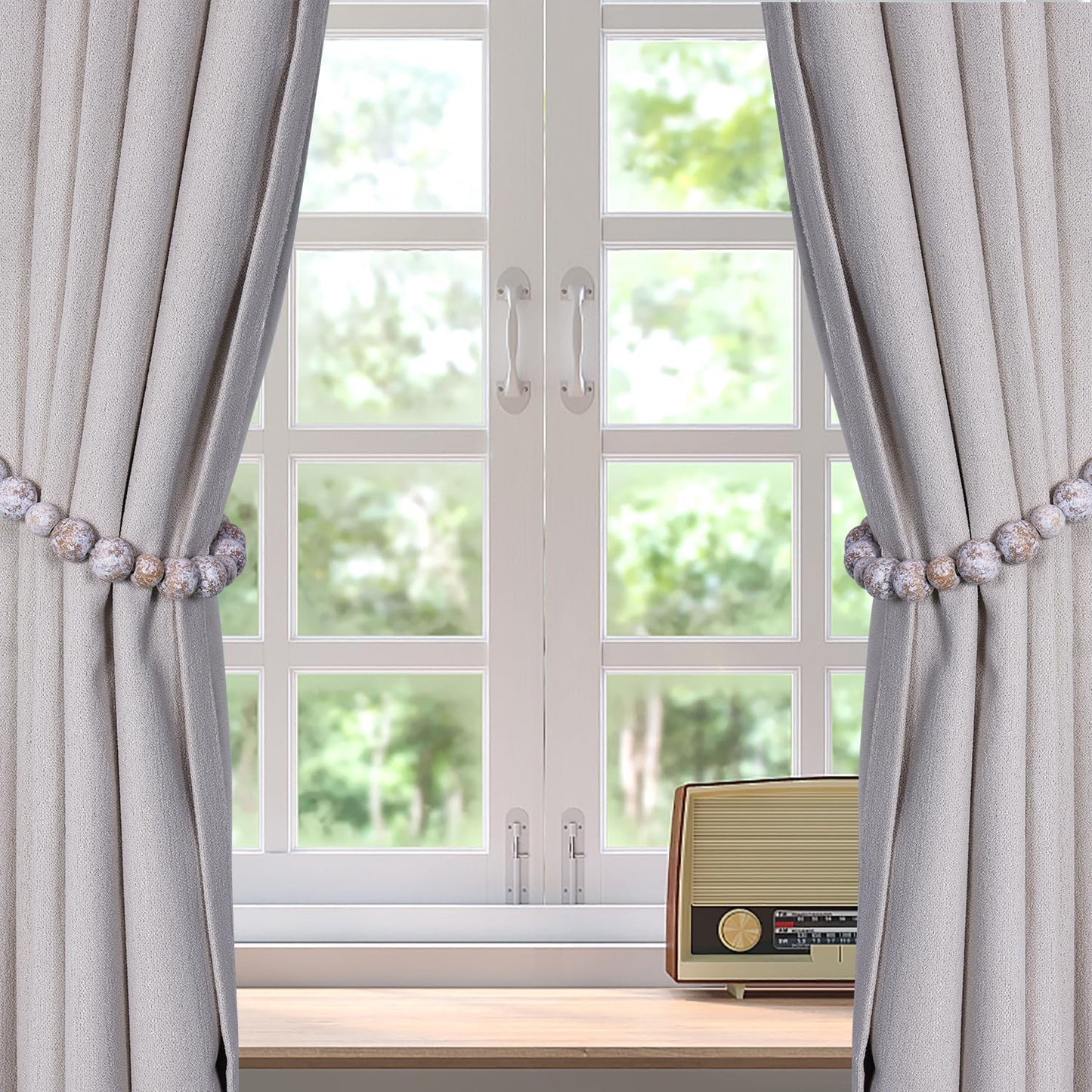 Wood Bead Curtain Tiebacks, KLOGTSIND Set of 2 Curtain Holdbacks for Thin or Thick Window Draperies, Boho Farmhouse Curtain Tiebacks with Hooks, Curtain Tie Backs for Home Office Room Decor