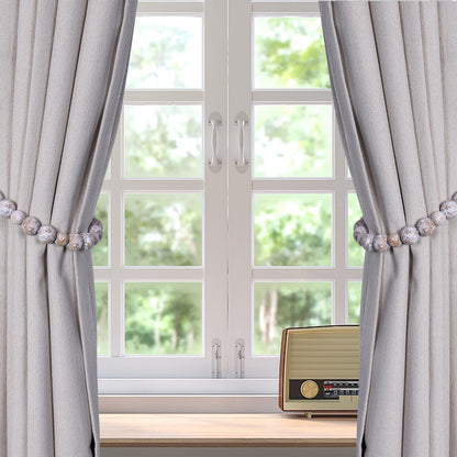 Wood Bead Curtain Tiebacks, KLOGTSIND Set of 2 Curtain Holdbacks for Thin or Thick Window Draperies, Boho Farmhouse Curtain Tiebacks with Hooks, Curtain Tie Backs for Home Office Room Decor