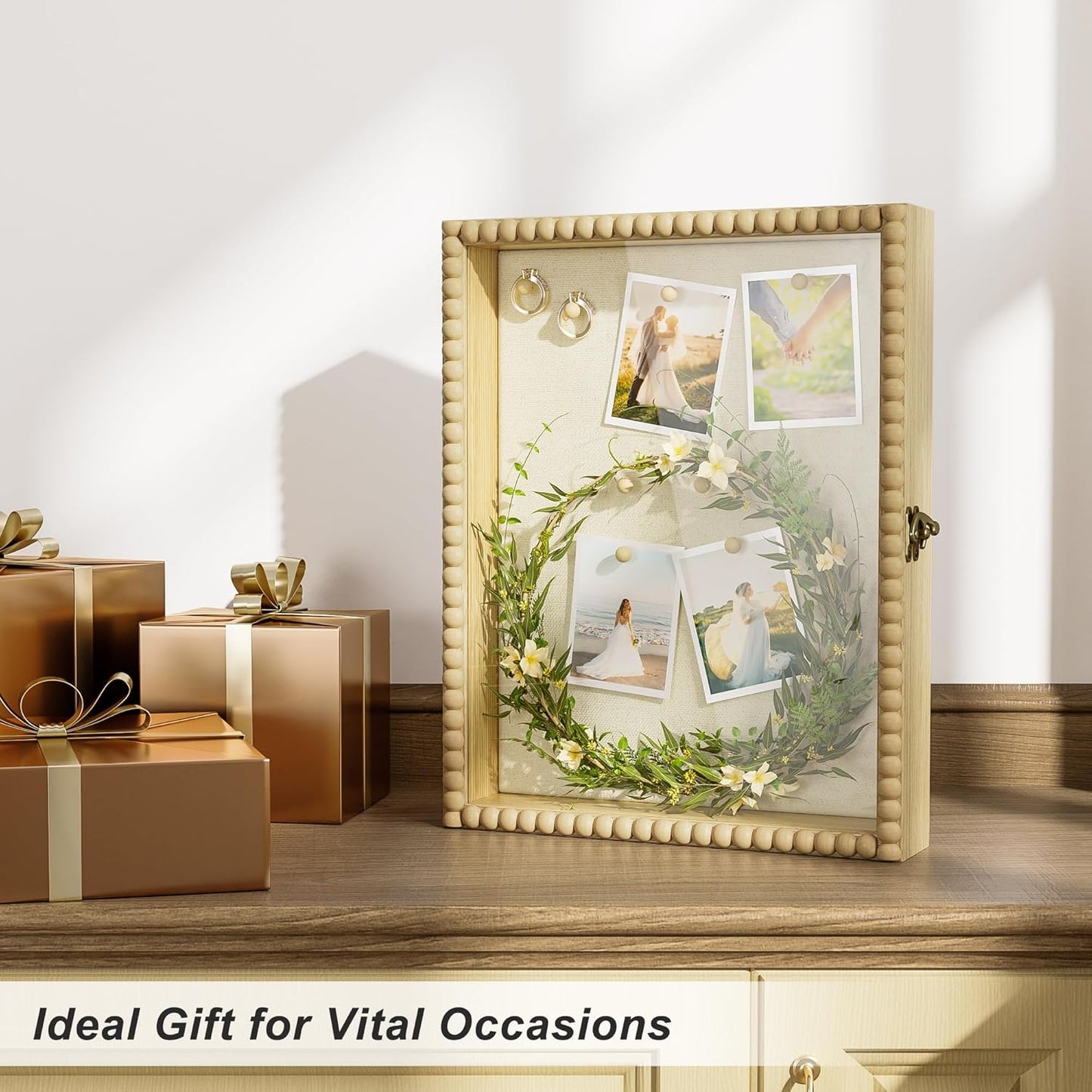 Love-KANKEI Shadow Box Frame 11x14, Deep Large Shadow Box Display Case with Unique Beads Door and Glass Window, Wood Memory Box for Pictures,Medals,Memorabilia,Collections White