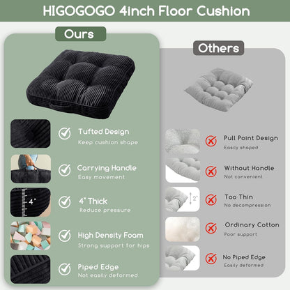 HIGOGOGO 6" Extra Thick Floor Pillow Cushion for Adults, Meditation Cushion Pillow, Large Square Floor Sitting, Tufted Corduroy Cover, for Tatami Living Room or Yoga, 22x22 Inch, 2Pack, Dark Grey