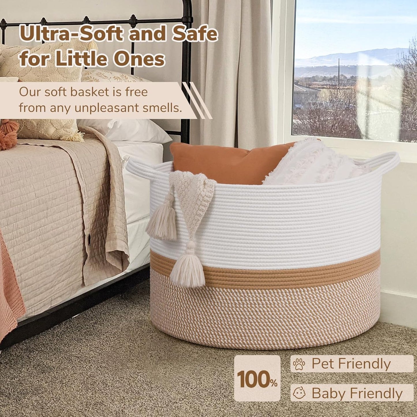 INDRESSME XXXLarge Blanket Basket for Living Room 21.7" x 21.7" x 13.8"-Storage Basket with Handle for Organizing Toy Pillows Woven Cotton Rope Laundry Basket Stuffed Animal Toy Storage for Play Room