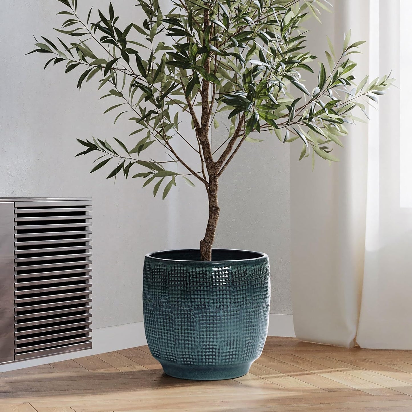LuxenHome 15.75" Dia Large Ceramic Pots for Plants, Blue Glazed Planters for Outdoor Plants, Round Indoor Flower Pots with Drainage Hole and Rubber Plug for Home Garden Patio