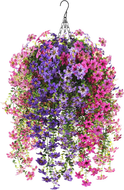 INQCMY Artificial Fake Hanging Plants Flowers Basket for Spring Summer Outdoor Outside Porch Decoration,UV Resistant Faux Silk Violet in Planter for Home Patio Balcony Garden Yard Decor(Red)