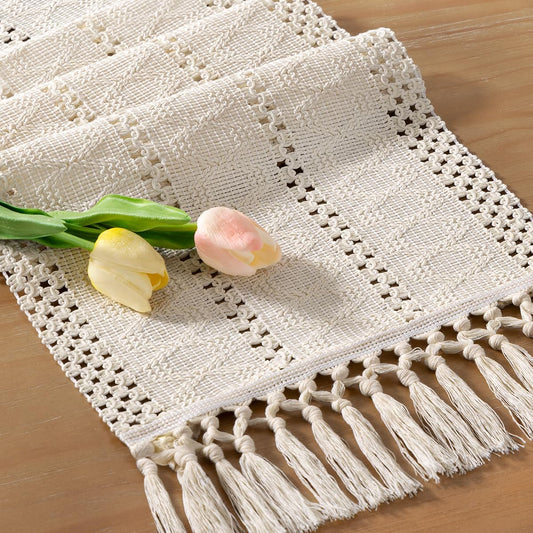 Socomi Boho Table Runner Summer Farmhouse Rustic Dining Kitchen Centerpiece Decor Small Macrame Woven Cotton Linen Coffee Table Runner for Dresser Scarf Home Decor 12x36 inch Beige