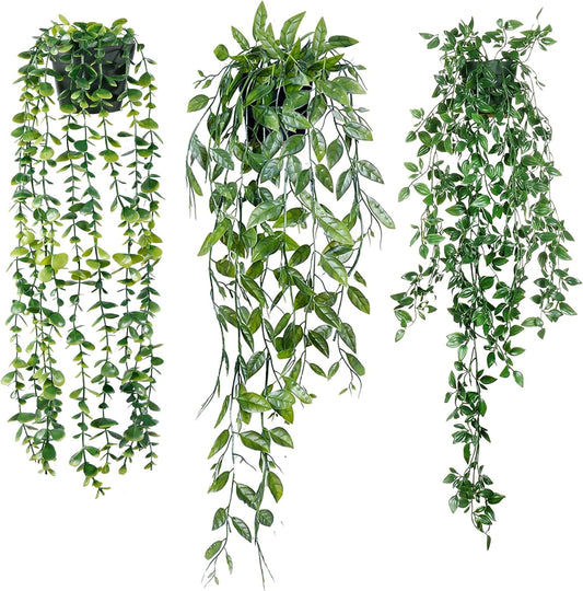 Sggvecsy Fake Hanging Plants 6 Pack Artificial Hanging Eucalyptus Plants Potted Greenery Faux Mandala Vine String of Pearls Boston Fern Ivy Vine Leaves Pea Pod for Home Indoor Outdoor Shelf Wall Decor