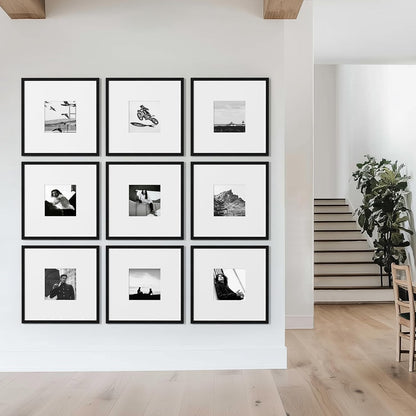 eletecpro 12x12 Picture Frames Set of 9 with Clear Acrylic Cover, Display 8x8 Photos with Mat or 12x12 Without, Classic and Sturdy Square Collage Gallery Wall Decor, Easy Wall Mount, Black