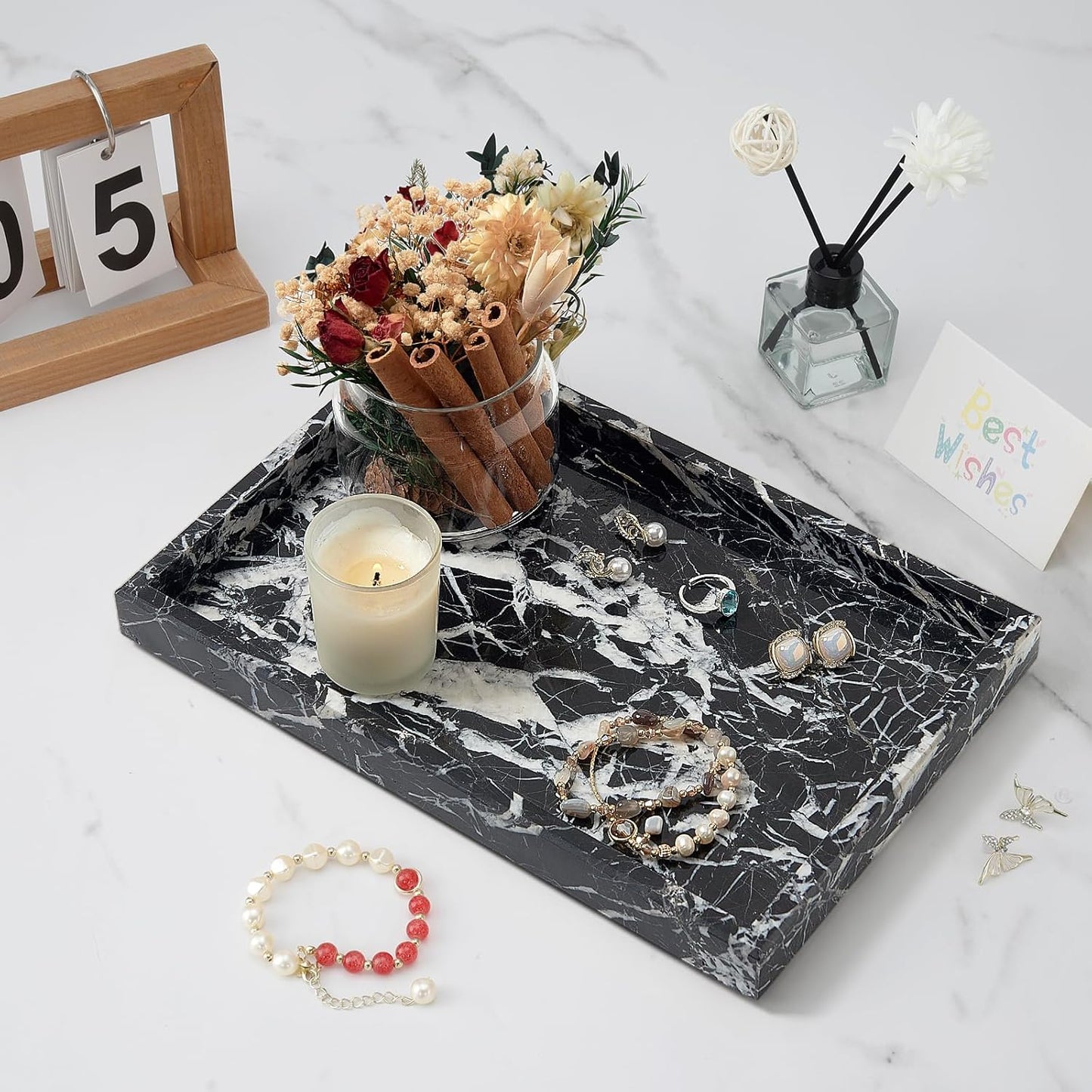 Marble Bathroom Tray,Pure Natural Vanity Tray,Marble Tray for Kitchen Counter Non-Ceramic/Non-Resin,Stone Trays 12 x 8 inch Cyan Green