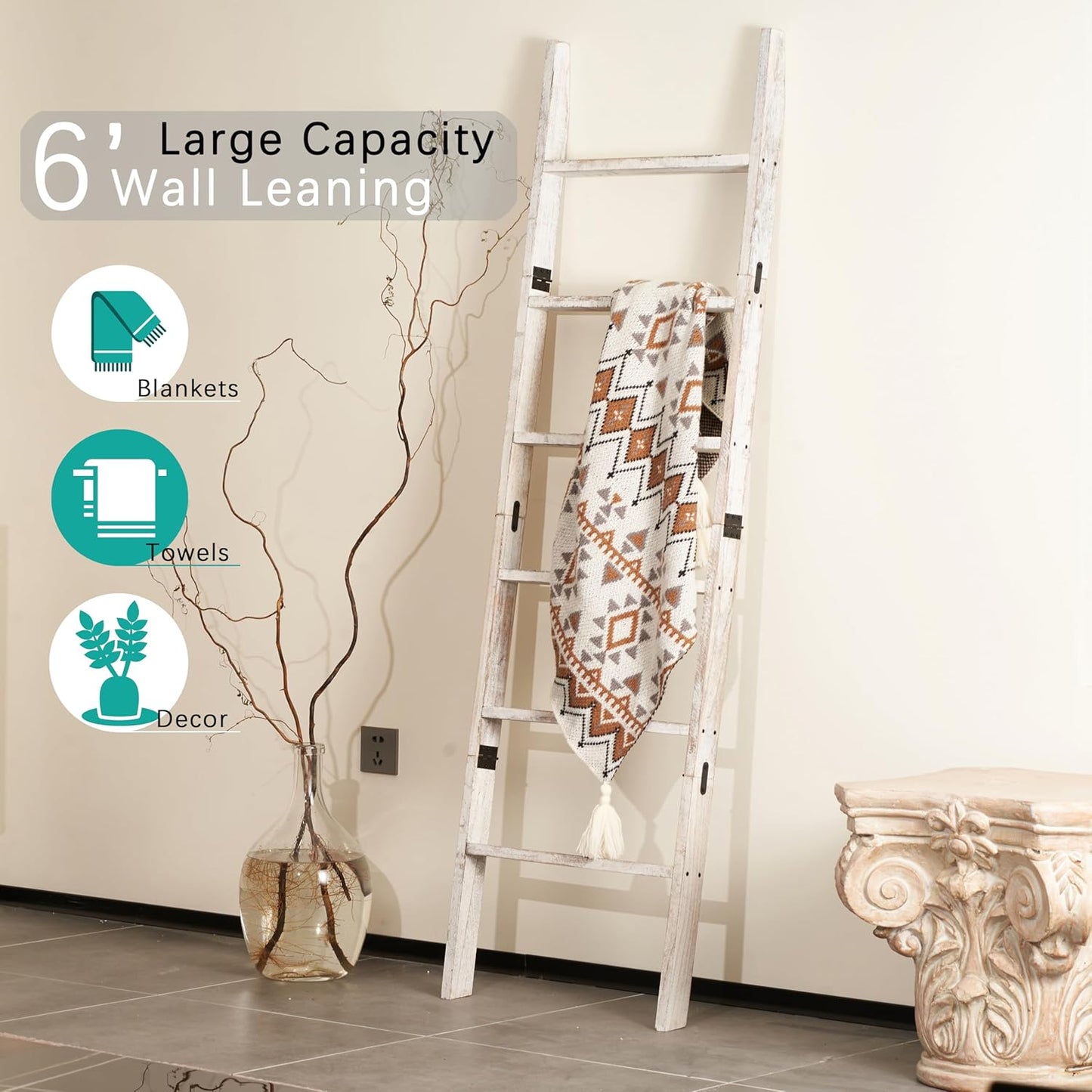 Blanket Ladder for the Living Room 6-Tier, Wooden Decorative Quilt Holder for Bed room, Wall-Leaning Towel Rack for Bathroom，Rustic Farmhouse Ladders for Display. (Dark Brown)