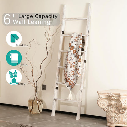 Blanket Ladder for the Living Room 6-Tier, Wooden Decorative Quilt Holder for Bed room, Wall-Leaning Towel Rack for Bathroom，Rustic Farmhouse Ladders for Display. (Dark Brown)