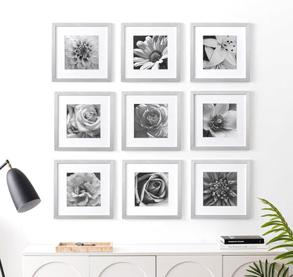 eletecpro 12x12 Picture Frames Set of 9 with Clear Acrylic Cover, Display 8x8 Photos with Mat or 12x12 Without, Classic and Sturdy Square Collage Gallery Wall Decor, Easy Wall Mount, Black