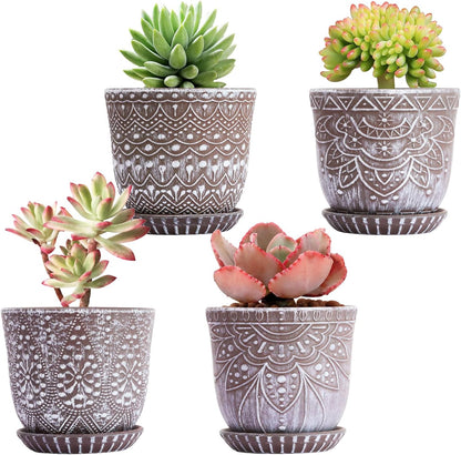 Gepege 6 Inch Beaded Ceramic Planter Set of 2 with Drainage Hole and Saucer for Plants, Indoor-Outdoor Large Round Succulent Orchid Flower Pot (Smoked Gray, Inner-pots not Larger Than 5 Inch)