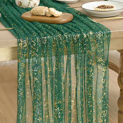 Artoid Mode Beige Gold Gauze Table Runner 120 Inch 10FT, Glitter Metallic Foil Sheer Dining Wedding Anniversary Holiday Birthday Table Decor for Home Party