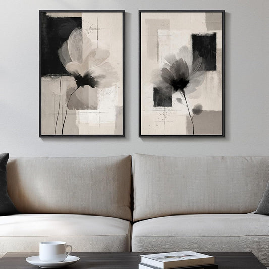 Large Framed Neutral Abstract Wall Art for Living Room, Set of 2 Black and Beige Modern Canvas Prints Paintings Artwork for Walls, Minimalist Block Lines Pictures for Hallway Office Wall Decor 24x36 In