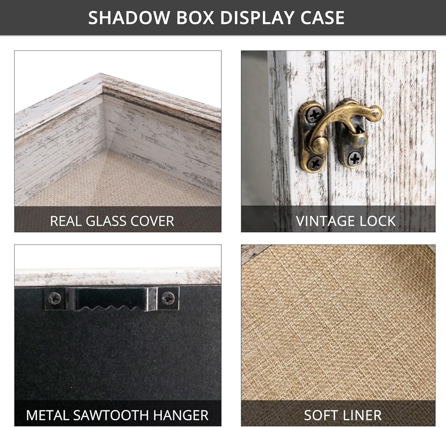 GraduationMall 13x16 Wood Shadow Box Frame Glass Door Display Case with Linen Back and 6 Stick Pins,1.5 inches Interior Depth,Ideal for Memorabilia Pictures Flowers Medals Tickets Rustic White