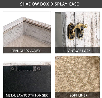GraduationMall 13x16 Wood Shadow Box Frame Glass Door Display Case with Linen Back and 6 Stick Pins,1.5 inches Interior Depth,Ideal for Memorabilia Pictures Flowers Medals Tickets Rustic White