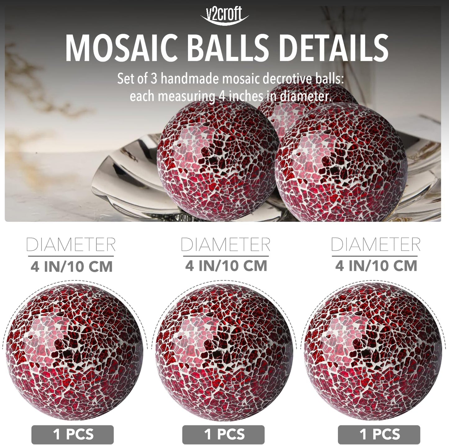 4in Decorative Mosaic Sphere Orbs Set of 3, Glass Balls for Whole Housewares,Wedding/Birthday,Bowls,Vases Dining Table Centerpieces(Silver,Black,Blue)
