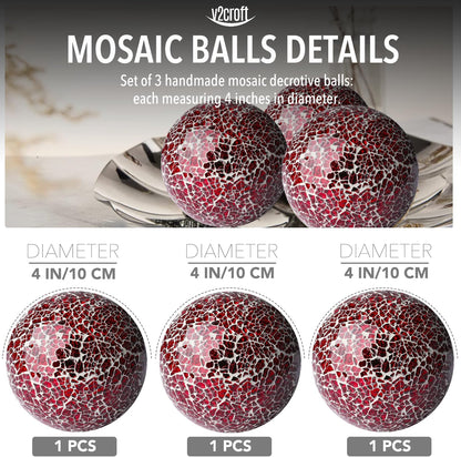 4in Decorative Mosaic Sphere Orbs Set of 3, Glass Balls for Whole Housewares,Wedding/Birthday,Bowls,Vases Dining Table Centerpieces(Silver,Black,Blue)
