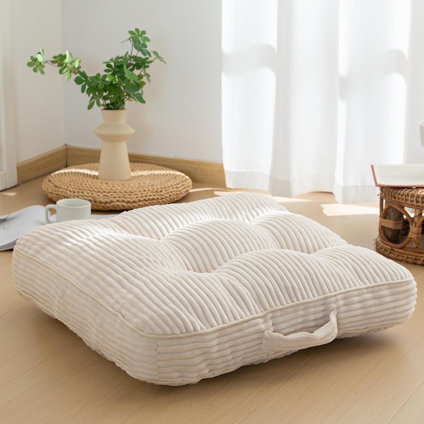 HIGOGOGO 6" Extra Thick Floor Pillow Cushion for Adults, Meditation Cushion Pillow, Large Square Floor Sitting, Tufted Corduroy Cover, for Tatami Living Room or Yoga, 22x22 Inch, 2Pack, Dark Grey