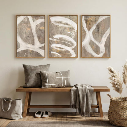 Large Framed Neutral Abstract Wall Art for Living Room, 3 Piece Modern Canvas Prints Paintings Artwork for Walls, Black and Beige Pictures for Living Room Hallway Stair Office Wall Decor 24x36 Inch