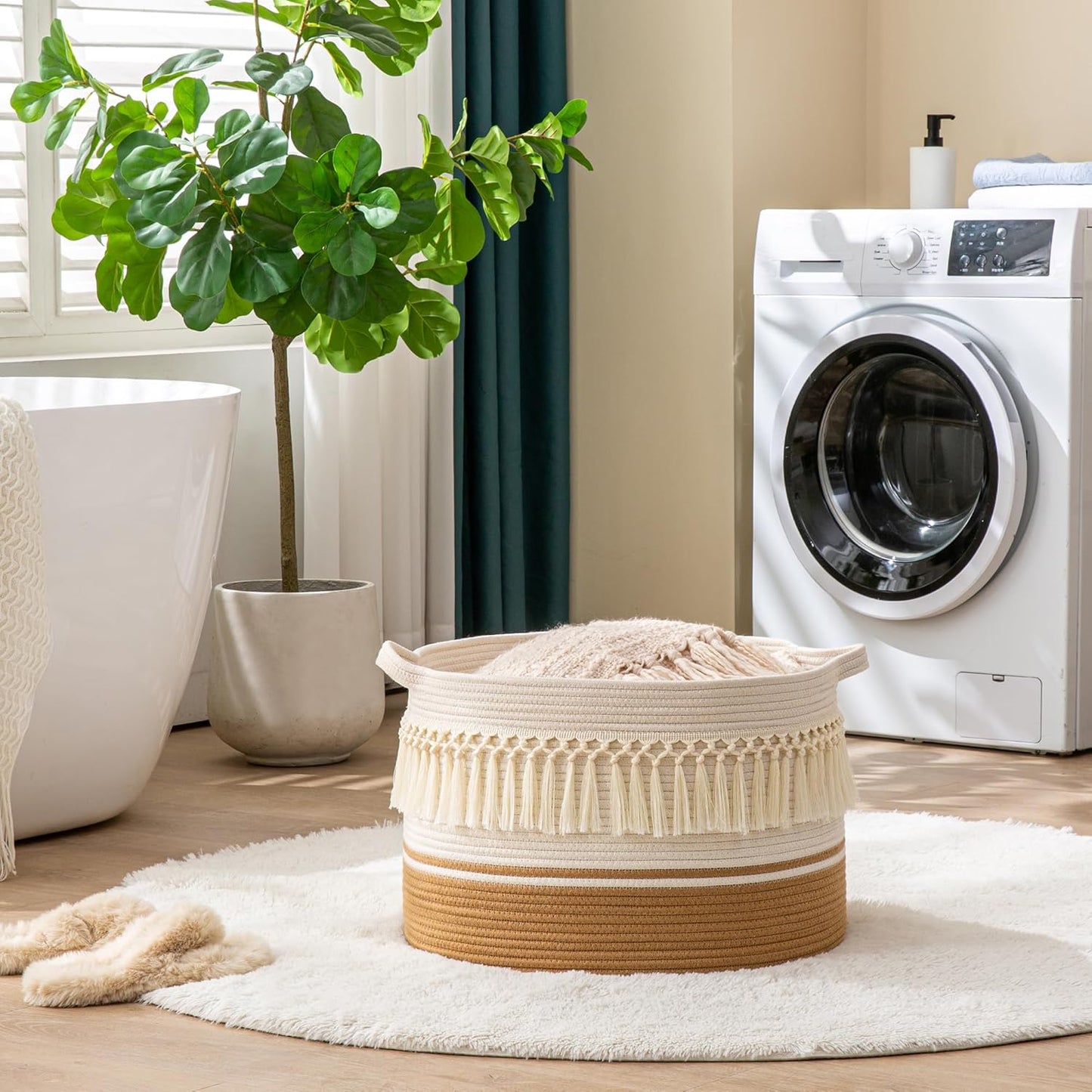 KAKAMAY Large Blanket Basket (20"x13"),Woven Baskets for storage Baby Laundry Hamper, Cotton Rope Blanket Basket for Living Room, Laundry, Nursery, Pillows, Baby Toy chest (White/Brown)