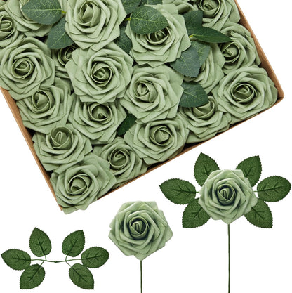 InnoGear Artificial Flowers, 50 Pcs Dark Red Foam Fake Roses Bulk with Stems for Mother's Gift Decoration Celebration DIY Wedding Bouquets Centerpieces Bridal Shower Party Christmas Tree