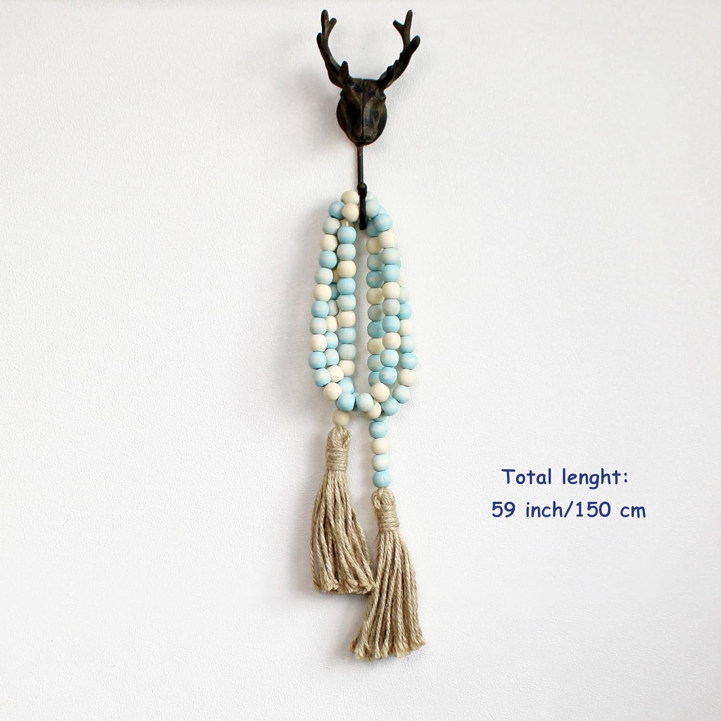 CVHOMEDECO. Wood Beads Garland with Tassels Farmhouse Rustic Wooden Prayer Bead String Wall Hanging Accent for Home Festival Decor. Mix Distressed