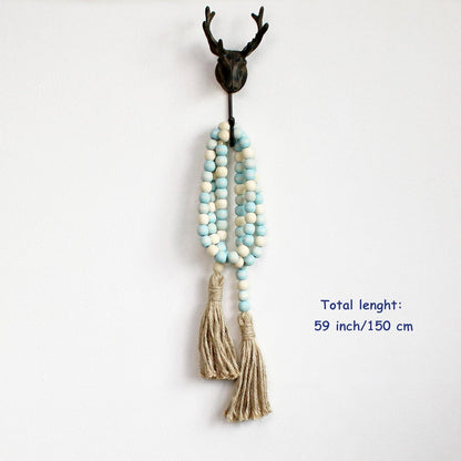 CVHOMEDECO. Wood Beads Garland with Tassels Farmhouse Rustic Wooden Prayer Bead String Wall Hanging Accent for Home Festival Decor. Mix Distressed