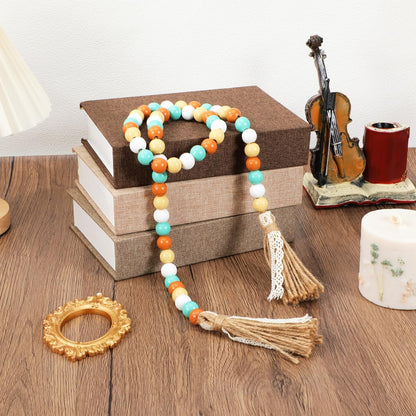 Wood Beads Garland with Tassels, 42.4in Farmhouse Rustic Style Colorful Wood Beads String, Large Antique Wooden Prayer, Boho Home Festival Decor Garland Rosary Rope