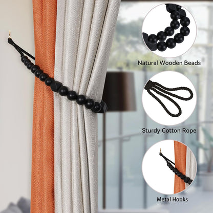 Wood Bead Curtain Tiebacks, KLOGTSIND Set of 2 Curtain Holdbacks for Thin or Thick Window Draperies, Boho Farmhouse Curtain Tiebacks with Hooks, Curtain Tie Backs for Home Office Room Decor