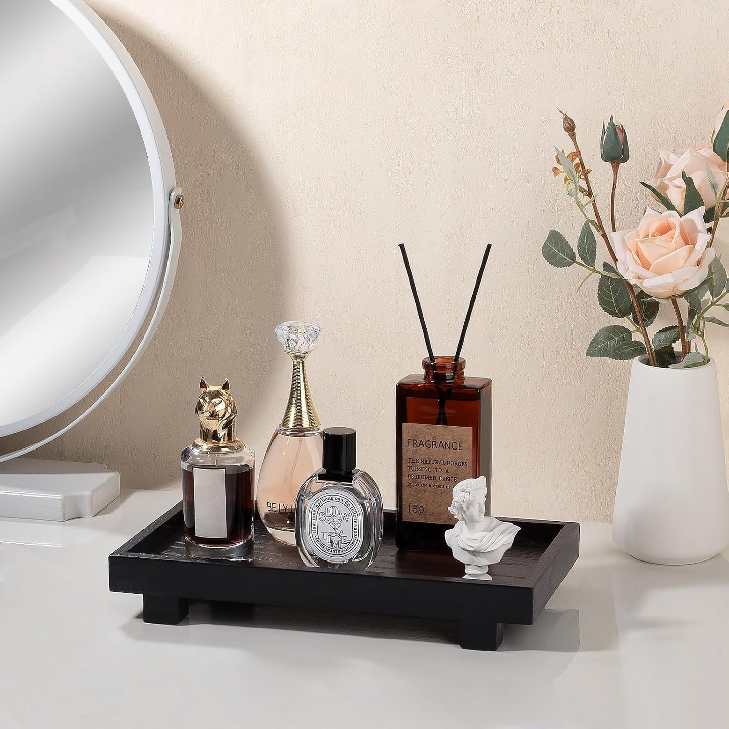 Decorative Tray Small Pedestal Stand Farmhouse Bathroom Decor Wooden Riser Display Stand for Vanity, Kitchen Countertop, Sink, 9.4 * 4.7 White