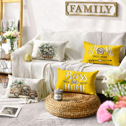 AVOIN colorlife Bless Our Home Farmhouse Eucalyptus Leaves Throw Pillow Covers, 18 x 18 Inch Truck Home Sweet Home Cushion Case Decorations Set of 4