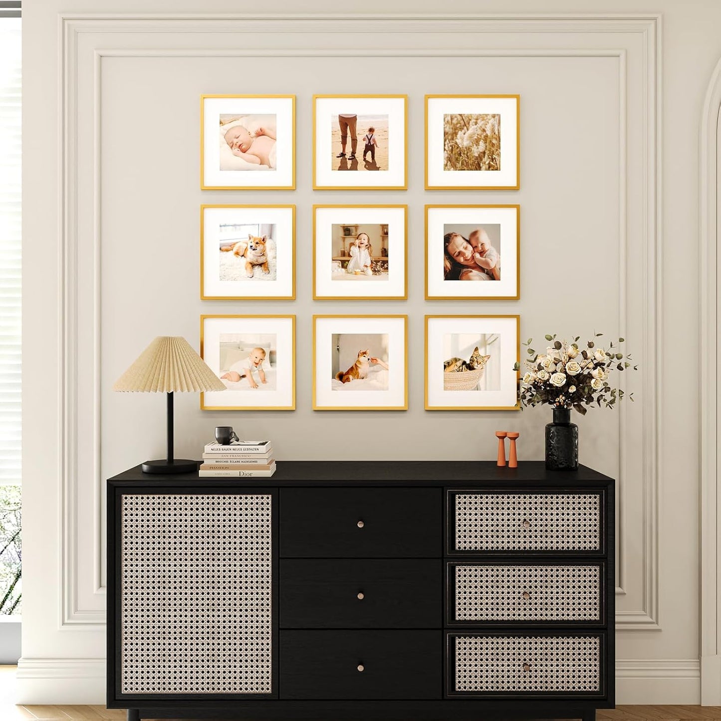 12x12 Picture Frame Set of 9, Display Pictures 8x8 with Mat or 12x12 without Mat, Multi Collage Gallery Square Photo Frames for Wall or Tabletop, Black